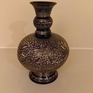 Intricately Carved Black and Brass Etched Vase